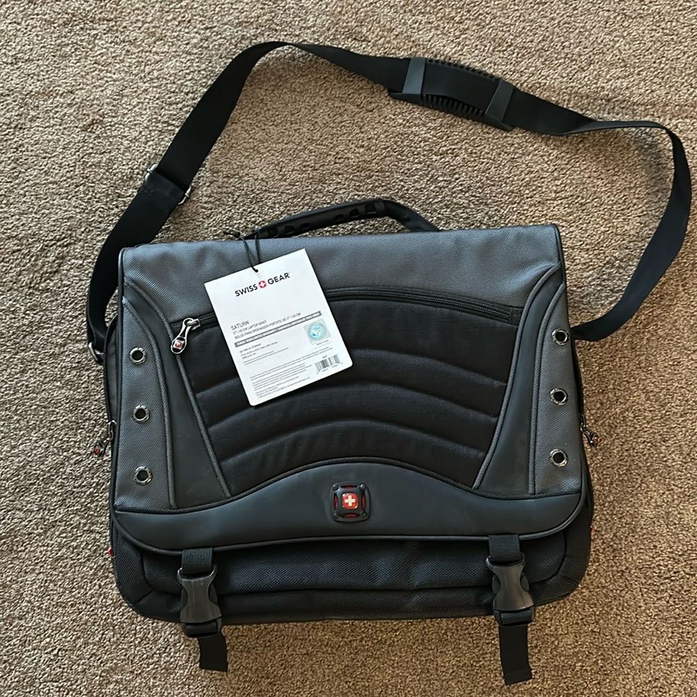 Gray and black laptop bag messenger style.